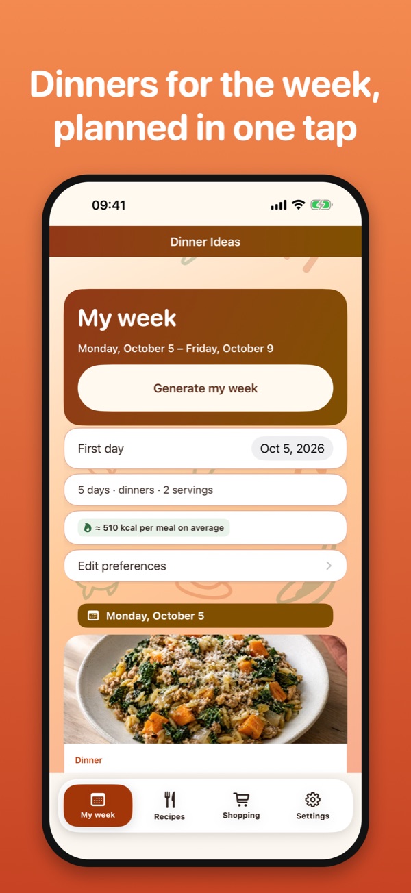 My week screen: a Generate my week button above a planned dinner with its photo.