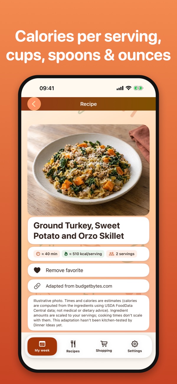 Recipe screen: dish photo, cooking time, calories per serving and servings.