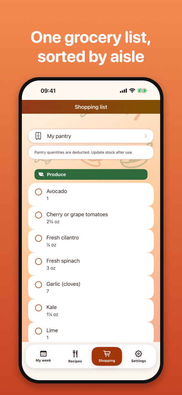 Shopping list screen: ingredients grouped under the Produce aisle with checkboxes.
