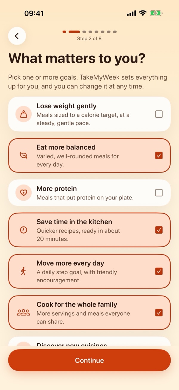 What matters to you? Four goals checked: Eat more balanced, Save time in the kitchen, Move more every day and Cook for the whole family.