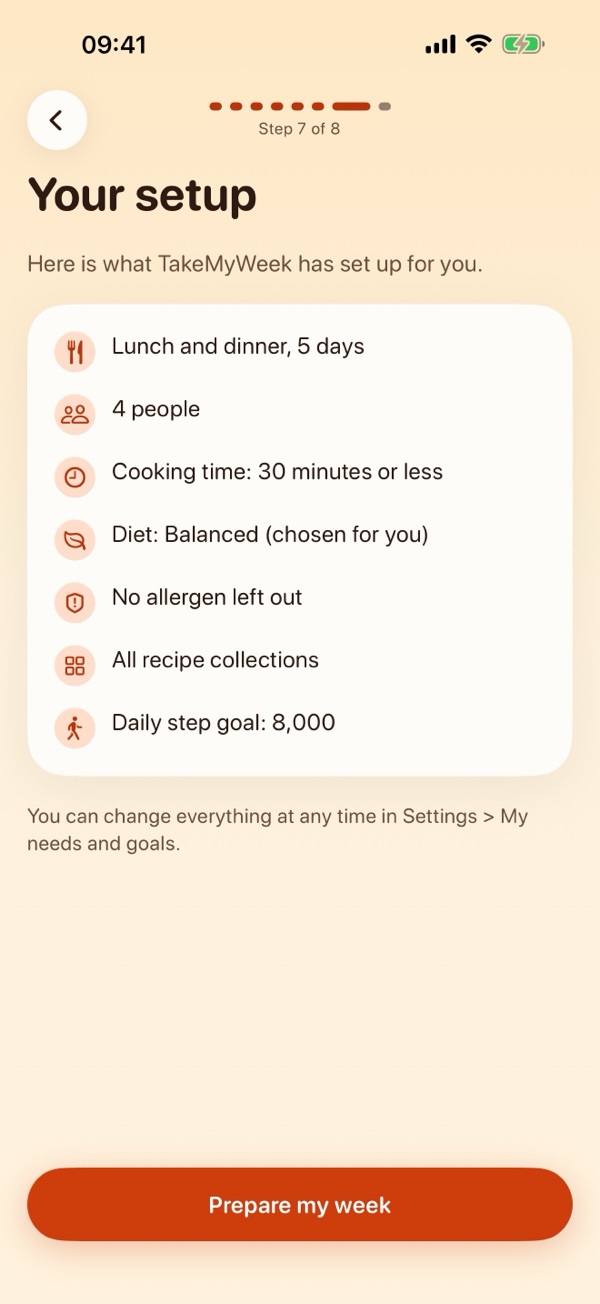 Your setup: lunch and dinner, 5 days; 4 people; cooking time 30 minutes or less; diet Balanced, chosen for you; no allergen left out; all recipe collections; daily step goal 8,000.