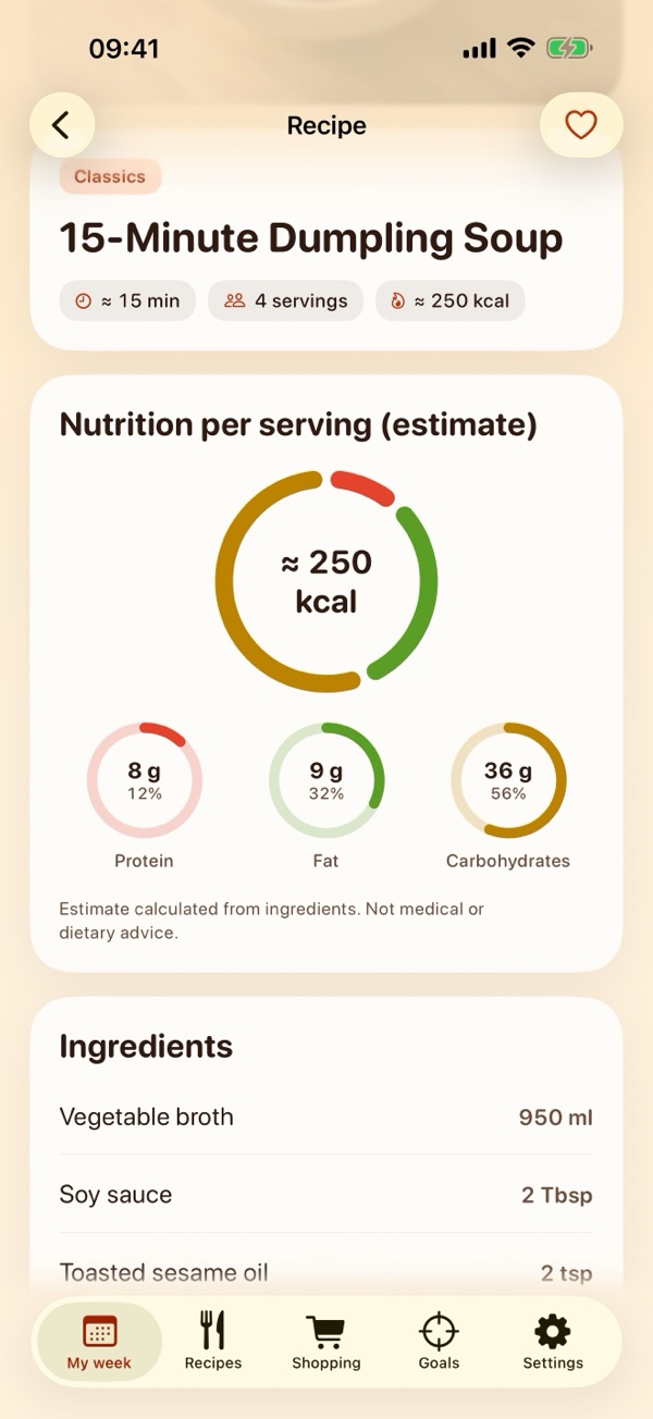 A recipe, 15-Minute Dumpling Soup: about 250 kcal per serving with its protein, fat and carbs, then the ingredients.