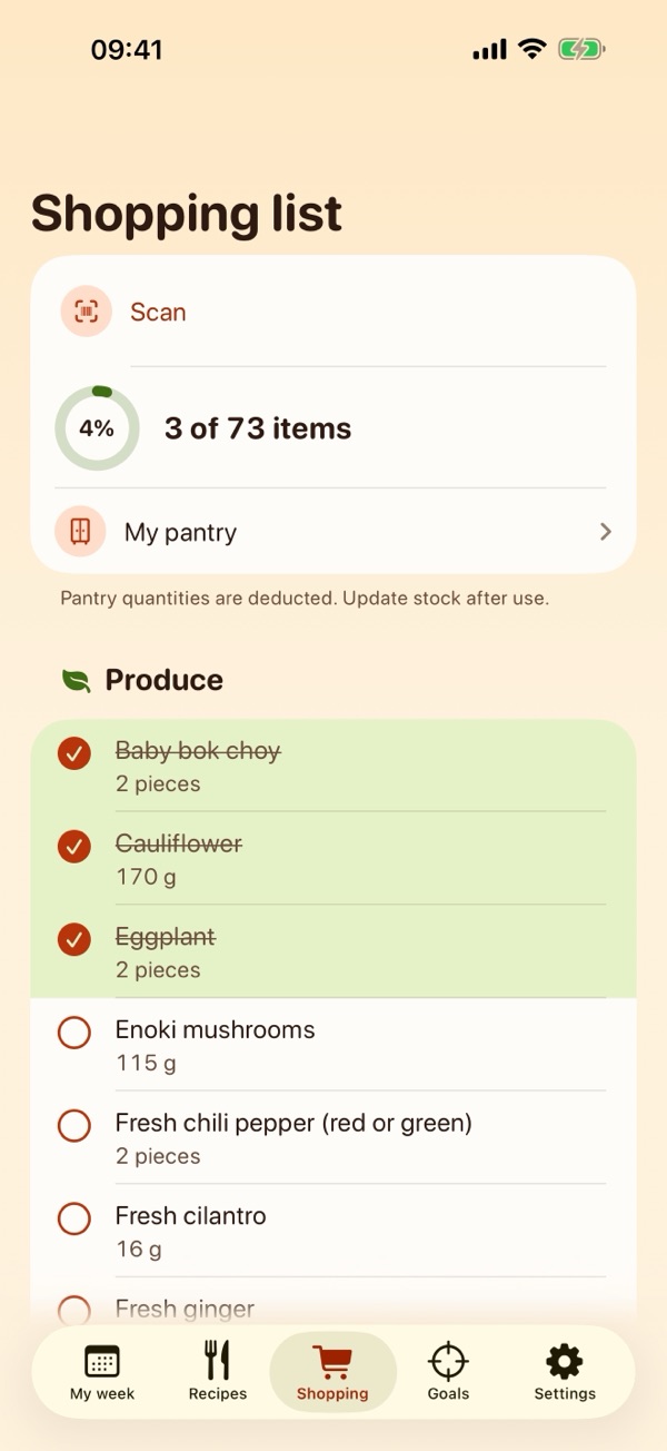 Shopping list: 3 of 73 items checked, the barcode scan and pantry links, and the Produce aisle.