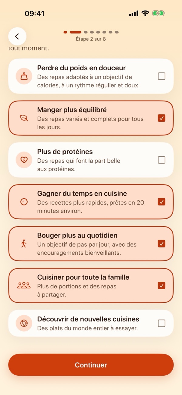 « Qu’est-ce qui compte pour vous ? » Quatre objectifs cochés : manger plus équilibré, gagner du temps en cuisine, bouger plus au quotidien et cuisiner pour toute la famille.