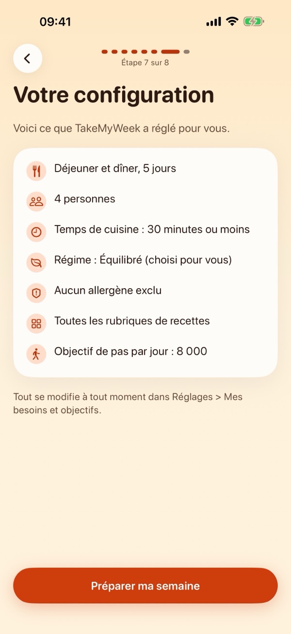 « Votre configuration » : déjeuner et dîner, 5 jours ; 4 personnes ; temps de cuisine : 30 minutes ou moins ; régime Équilibré, choisi pour vous ; aucun allergène exclu ; toutes les rubriques de recettes ; objectif de 8 000 pas par jour.