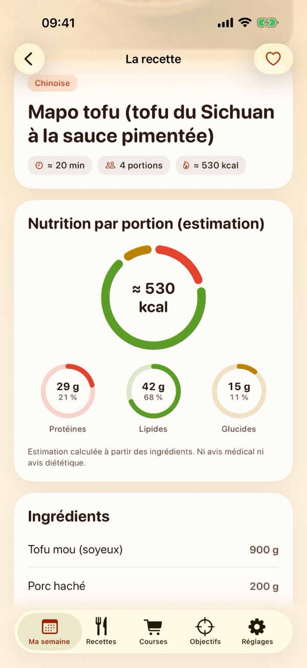 Une recette, Mapo tofu (tofu du Sichuan à la sauce pimentée) : environ 530 kcal par portion avec les protéines, les lipides et les glucides, puis les ingrédients.