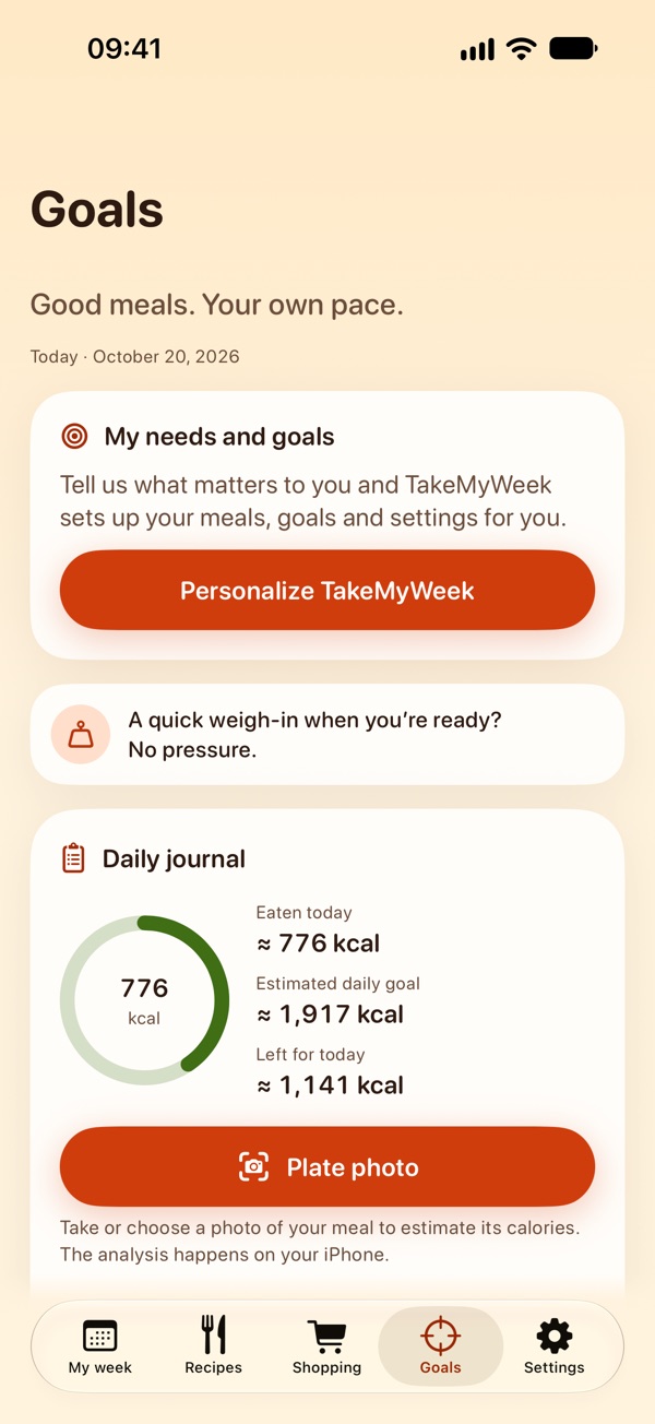 Goals tab, Daily journal card: about 776 kcal eaten today, an estimated daily goal of about 1,917 kcal and about 1,141 kcal left, with the Plate photo button.