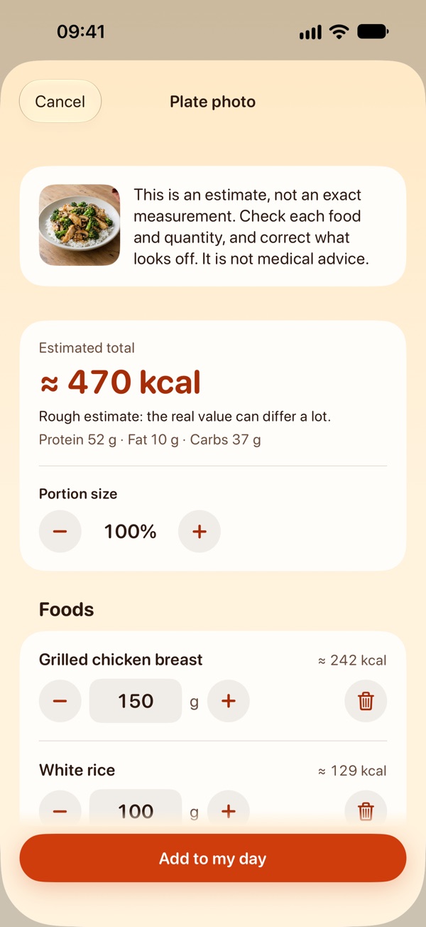 Plate photo result: the estimated total is about 470 kcal, with a note that it is a rough estimate, then protein, fat and carbs. Below, the foods found: grilled chicken breast 150 g and white rice 100 g, each with its quantity you can correct, and the Add to my day button.