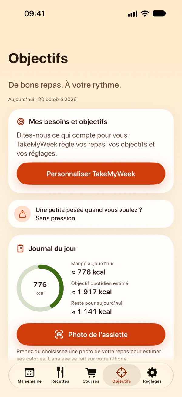 Onglet Objectifs, carte « Journal du jour » : environ 776 kcal mangées aujourd’hui, un objectif quotidien estimé d’environ 1 917 kcal et environ 1 141 kcal restantes, avec le bouton « Photo de l’assiette ».